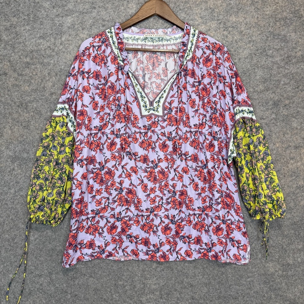 Alice + Olivia Julius Floral Blouse Large Tie Boho Ruffle Sleeve Peasant Top